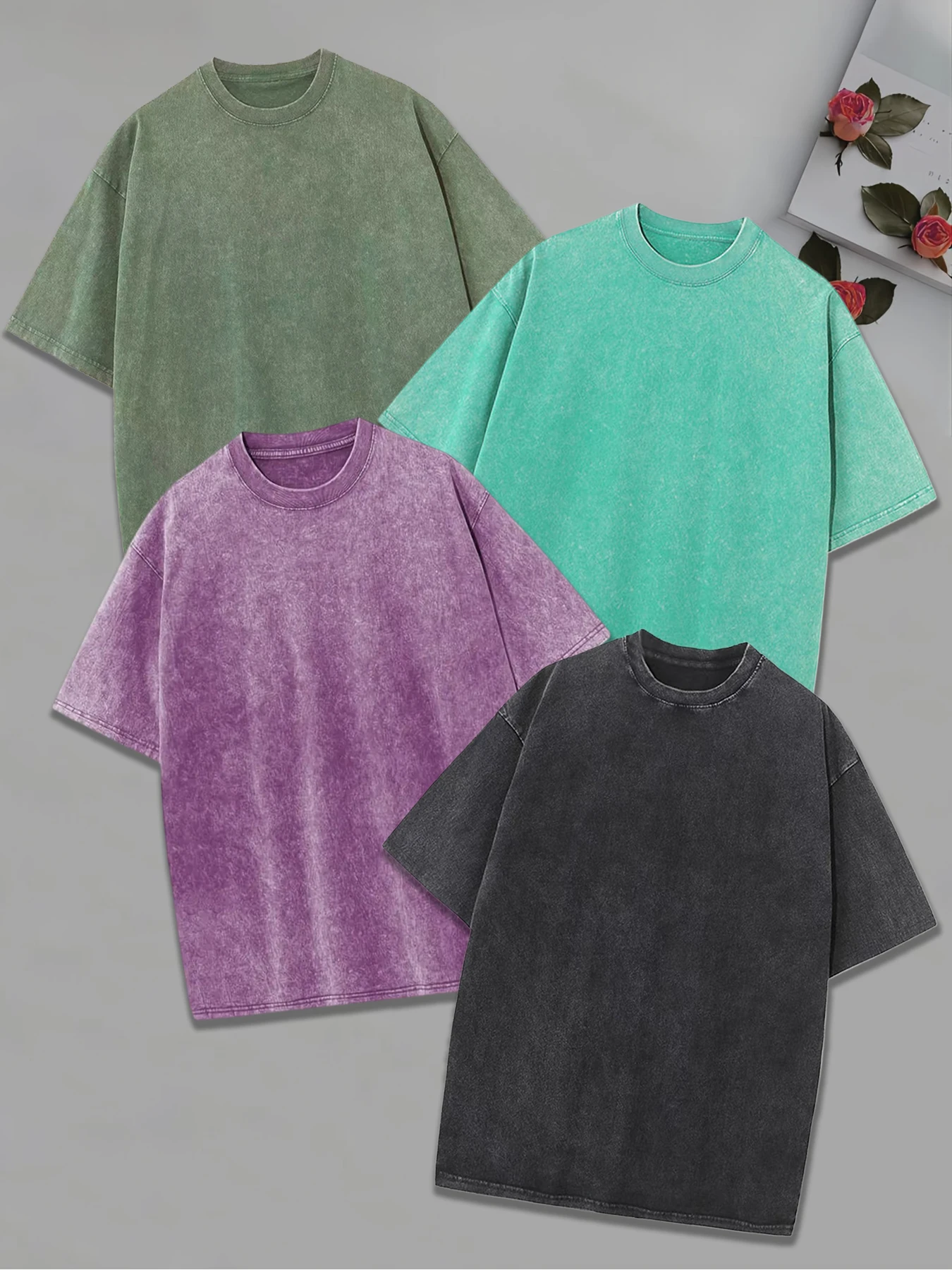 4PCS Daily Fashion Casual Basic Bottom T-shirt Men's Women's American Vintage Washed Solid Color Short Sleeve Couple's T Shirts