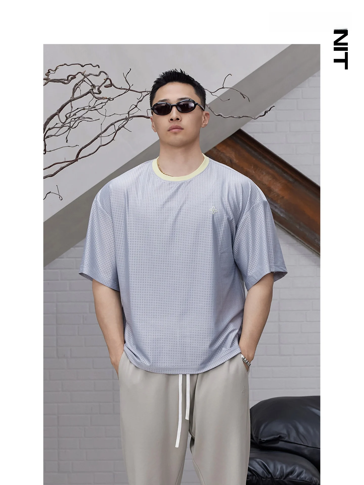 

Мужская повседневная спортивная футболка Basic Unit, дышащая, свободного кроя, с коротким рукавом, в стиле колор-блок, с дизайном «глазок», летняя новинка, из полиэстера.