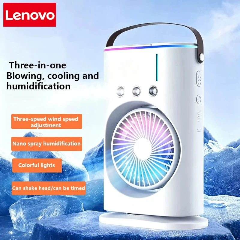 Ventilateur 3-en-1 Lenovo : Climatiseur, Rafraîchisseur d'air domestique compact, Veilleuse LED, Humidificateur portable, Ventilateur de réglage de