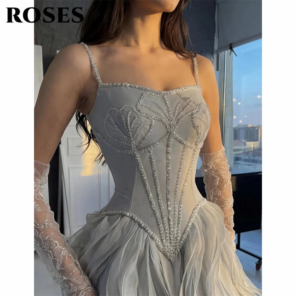 ROSES Silver Gray Evening Dress with Beaded Floral Embroidery Formal Gown Ruffled Organza Night Dresses Prom Dresses Customized image 2