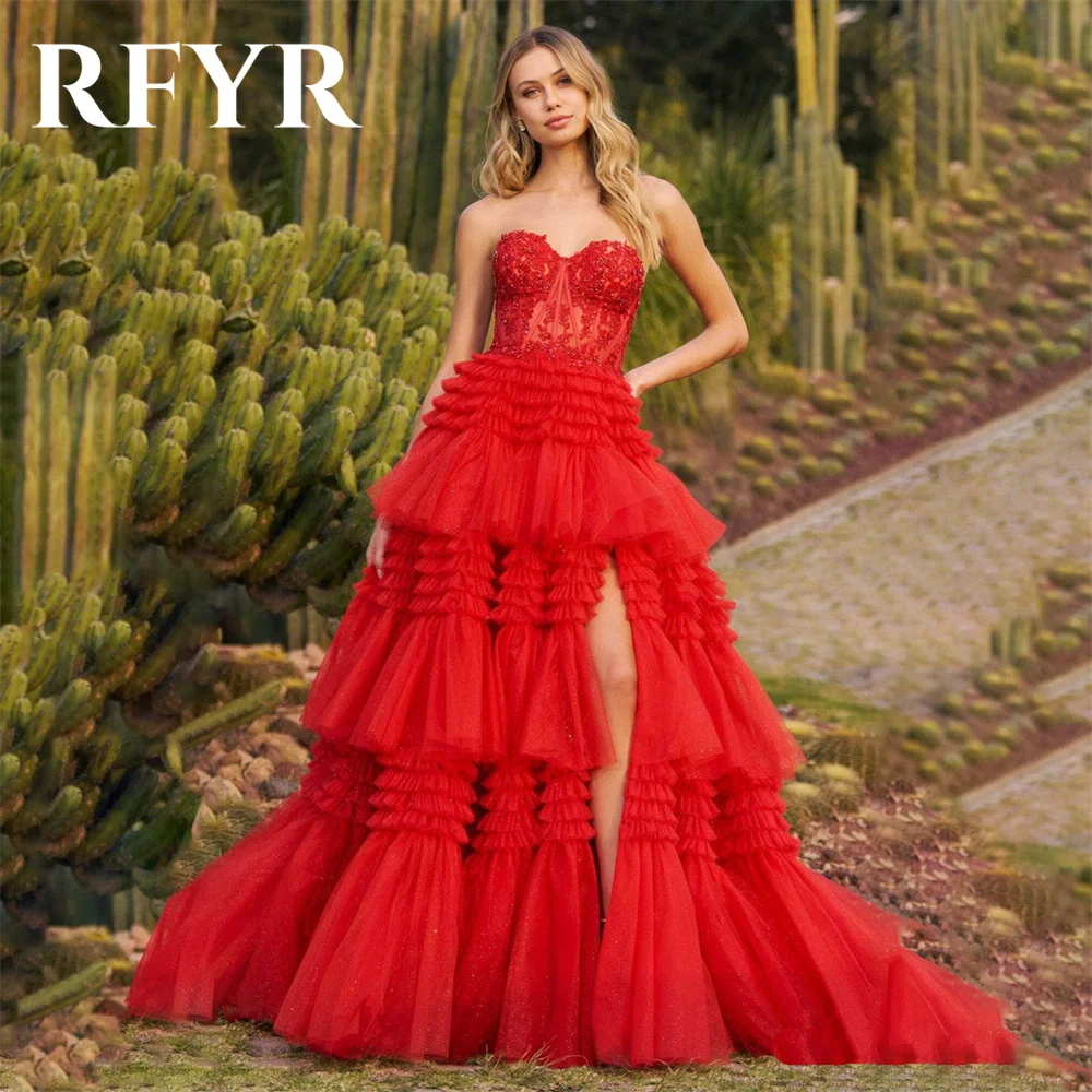 

RFYR Red Tiered Layer Evening Gown Elegant A Line Prom Dress Sweetheart Wedding Evening Dress with Side Split robes de soirée