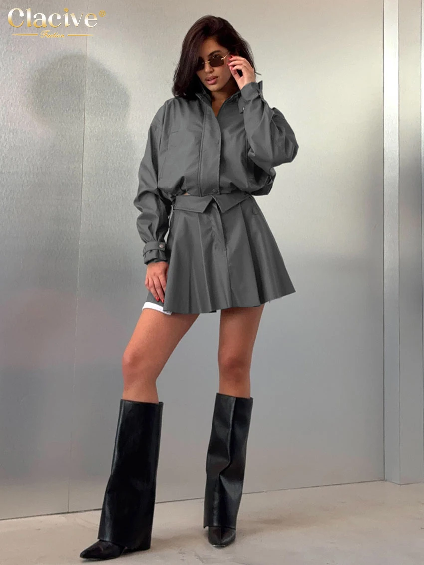 Clacive Fashion Loose Gray Office Women\'s Two Pieces Set 2025 Elegant Long Sleeve Shirt With High Waist Pleated Mini Skirt Set