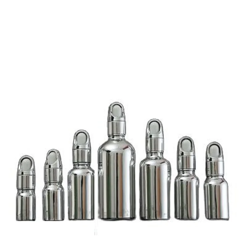 Empty Shiny Silver Glass Bottle 5ML-100ML Round Shoulder Silver Collar Flower Basket White Head Portable Refillable Container