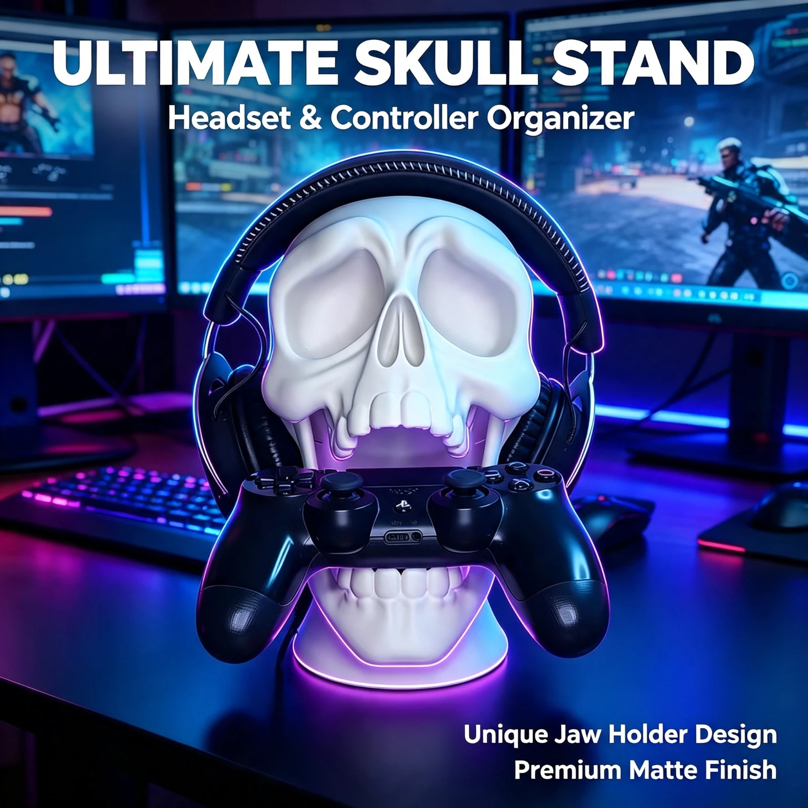 3D Printing Xbox Controller Holder - 3Dプリント製スカル型ヘッドセットスタンド、コントローラーホルダー、ゲーミングデスク用オーガナイザー、面白いスケルトンボーンディスプレイ、PS5・Xbox用ラック