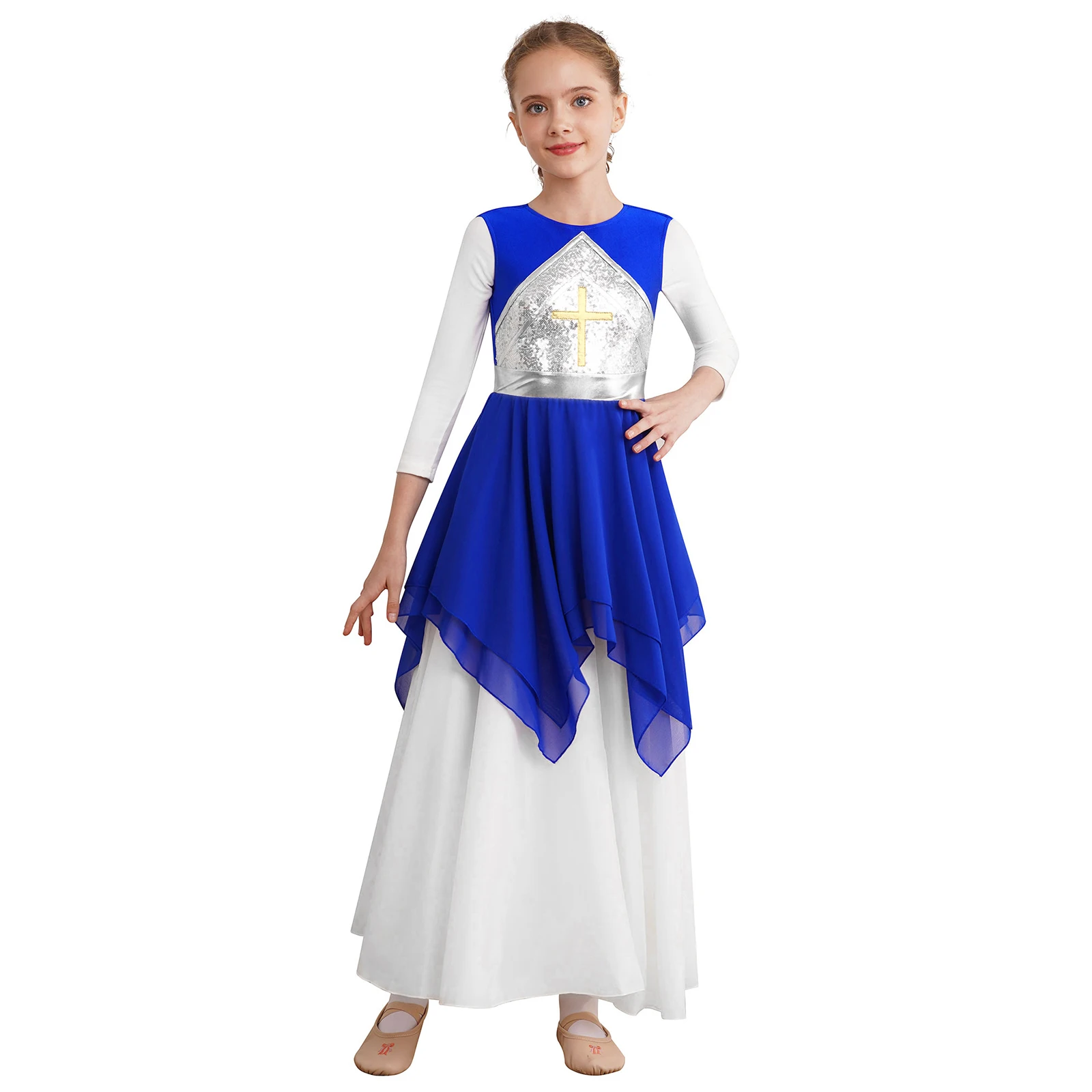 Kids Girls Liturgical Modern Dance Costume Color Block Sleeveless Dresses Metallic Shiny Sequins Lyrical Choir Praise Dancewear