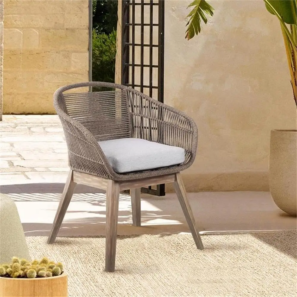 Silla de Comedor Moderna Tutti Frutti de Armen Living, Madera de Eucalipto Ligera, Cuerda Color Trufa, Cojín Gris, Resistente, para Sala de Estar de Villa