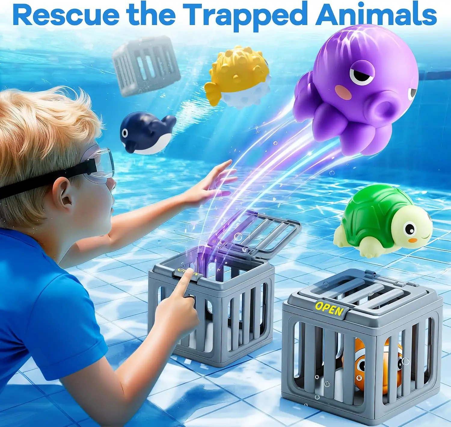 Altrek Store Funscape Kids Pool Diving Toys, Water Swimming Dive Pool Game, Toddler Bath Toy Play Set W/ Fish Box Floating Animals, Fun Outdoor Beach Lake Swim Summer Party Gift 3 4 5 6 7 8 10 12 Year Old Boy Girl