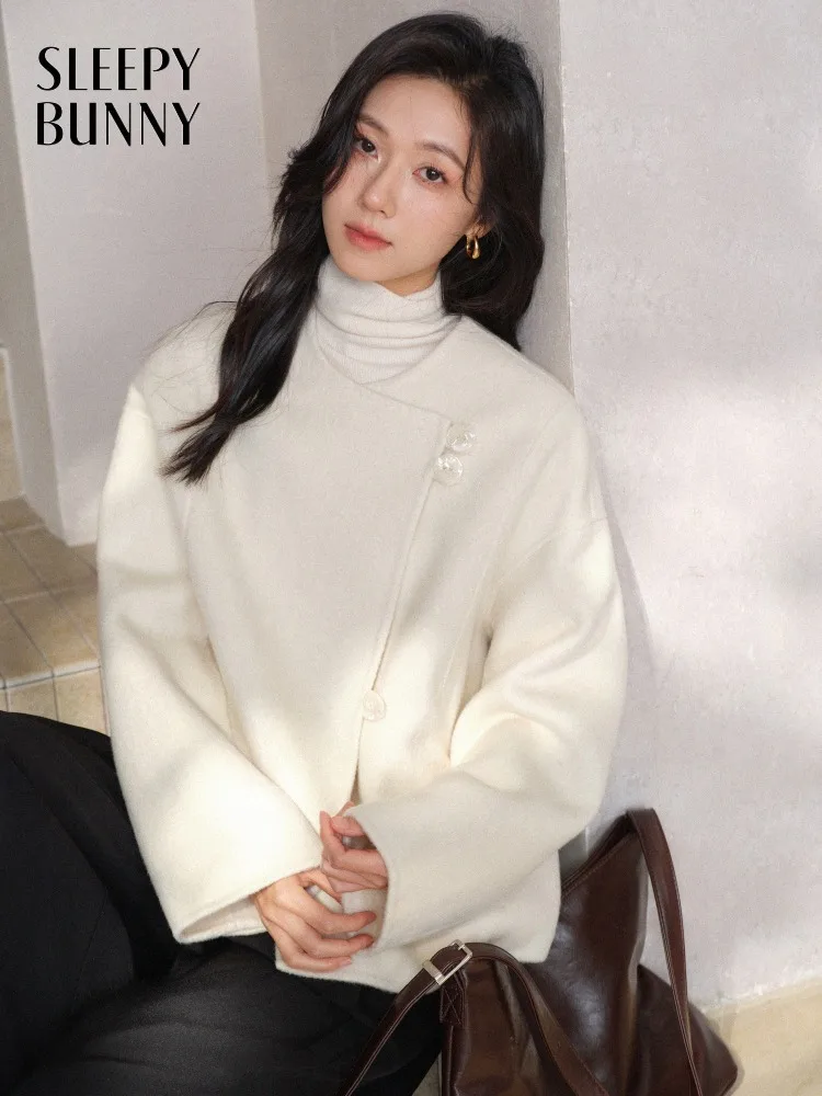 معطف قصير من الصوف الأنيق للنساء شتاء دافئ مزدوج الوجه سترة فضفاضة غير رسمية ملابس خارجية صوفية مستقيمة لمظهر أنيق وشبابي