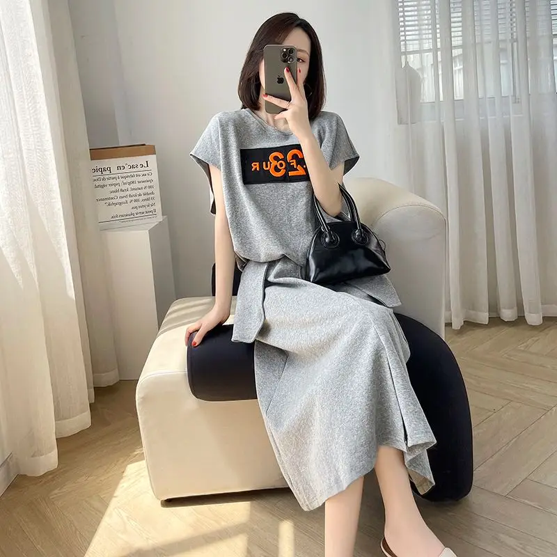 Solid Color Comfortable Casual Two Piece Set Summer Straight Loose Women\'s Clothing Ladies Sleeveless Pullovers A-line Skirt