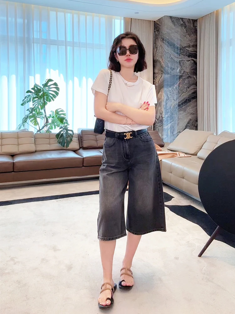 

Slimming High Waist Wide Leg Seven-Five Jeans Mixed Heavyweight Waed Straight Cut Summer Faion MEHOMEYANG M2736