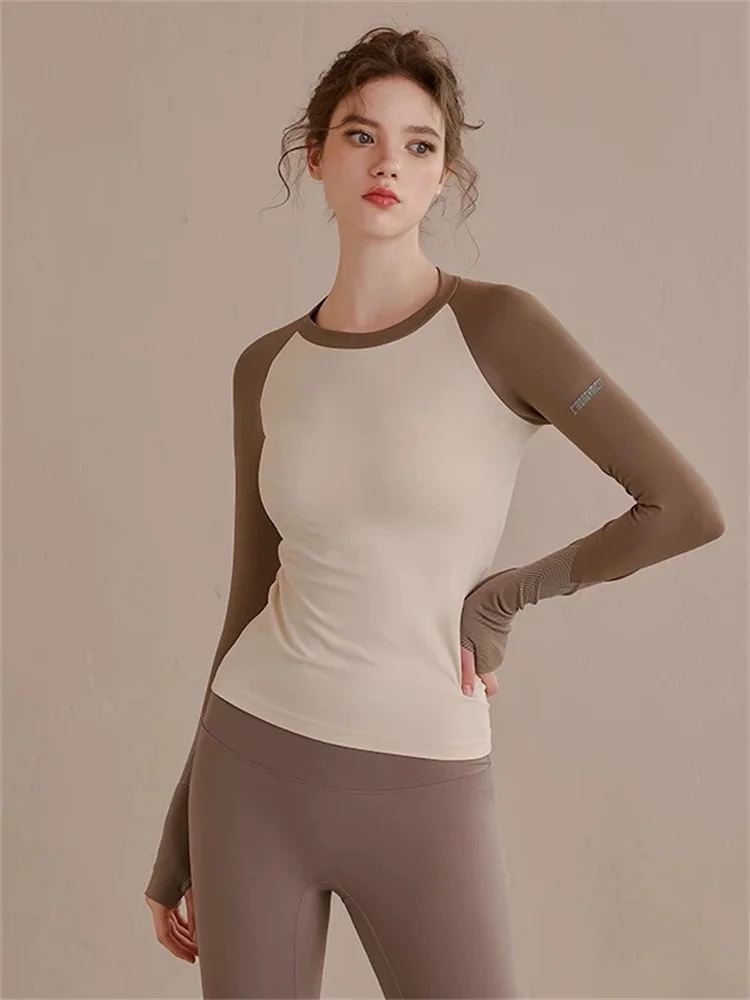 

Женская трикотажная футболка с длинным рукавом Spor Long Sve, осенне-зимняя, облегающая, с цветными блоками, для бега, йоги, фитнеса, топ Ocnltiy Brand