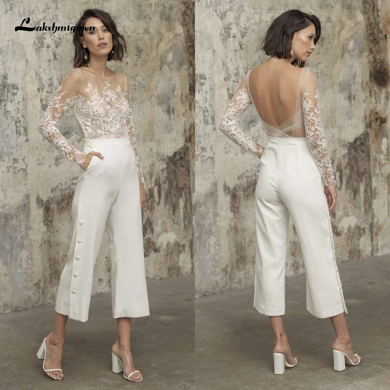 Modern O Neck Full Cap Sleeve Sexy Backless Appliques Lace Top Mid-Calf Button Jumpsuit Wedding Dress Boho Bridal Gowns Vestidos