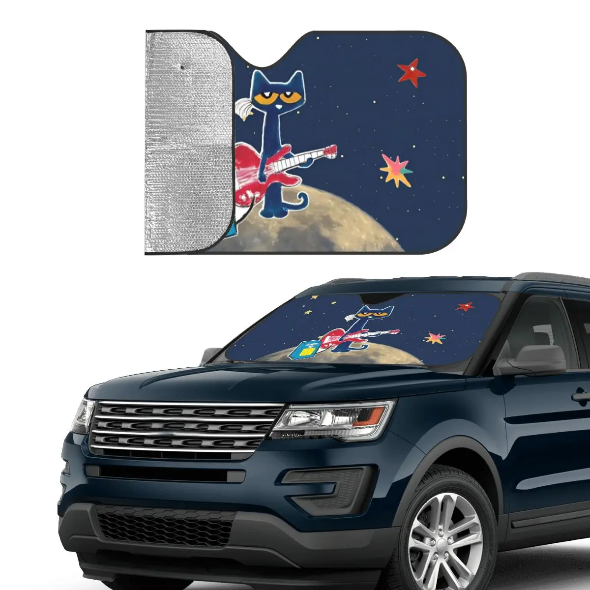 Pete The Cat Cartoon Space Guitar Fashion Windshield Sunshade Aluminium Foil Car Window Windscreen Cover Solar Protect
