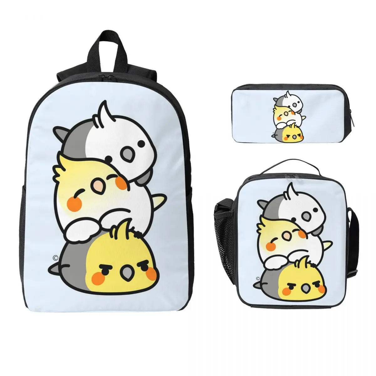 Haustier-Vögel, niedlicher Nymphensittich, Wellensittich, Papagei, Rucksack, Büchertasche, Schultasche, Laptop-Umhängetaschen, 3 Stück, isolierte Lunch-Tasche, Federmäppchen