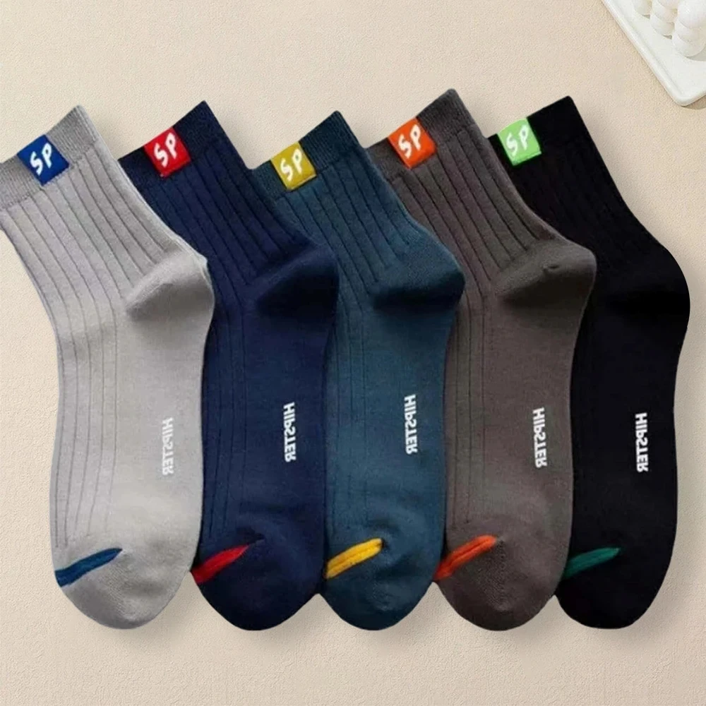 5 Pairs Fashionable Versatile Men Mid Length Socks With Trendy Letters Comfortable Soft Lightweight Breathable Casual Socks