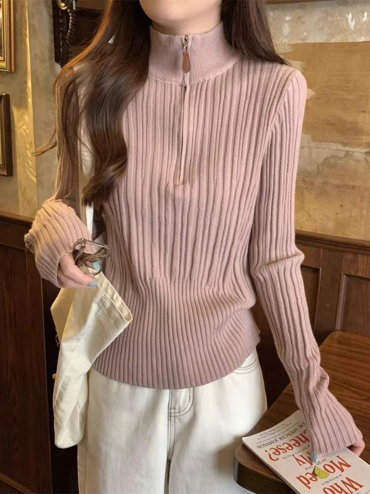 خمر جديد سليم كم طويل رقيقة تريكو المرأة الخريف الدافئة عادية شيك مطاطا سترة تصميم الرجعية هيبورن متماسكة البلوز 2025