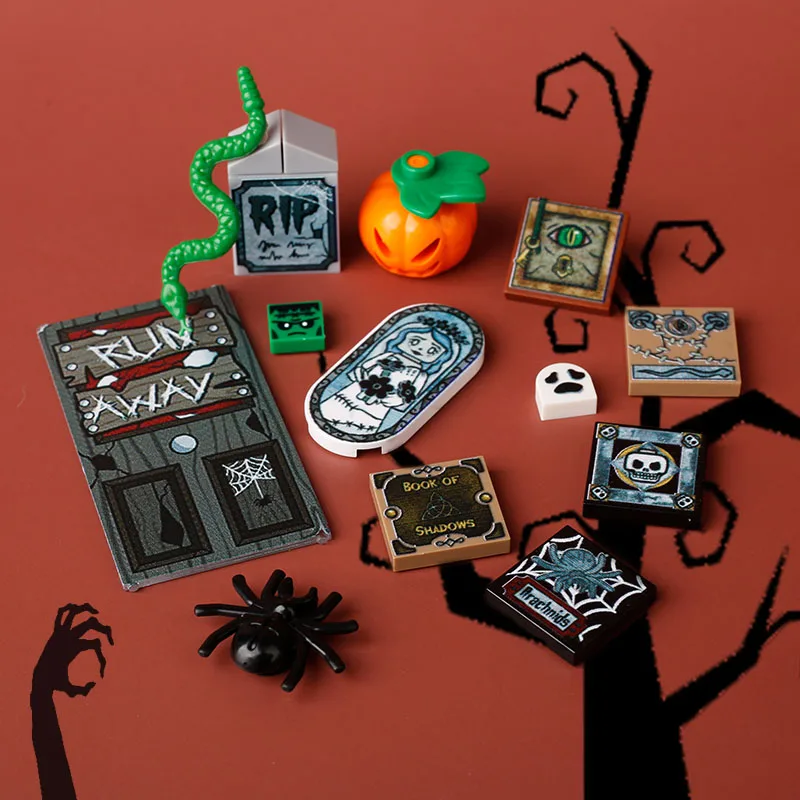 MOC City Halloween Tiles Printed Building Blocks Street View Ghost Pumpkin Skeleton Christmas Gifts Elk Accessories Bricks Toys