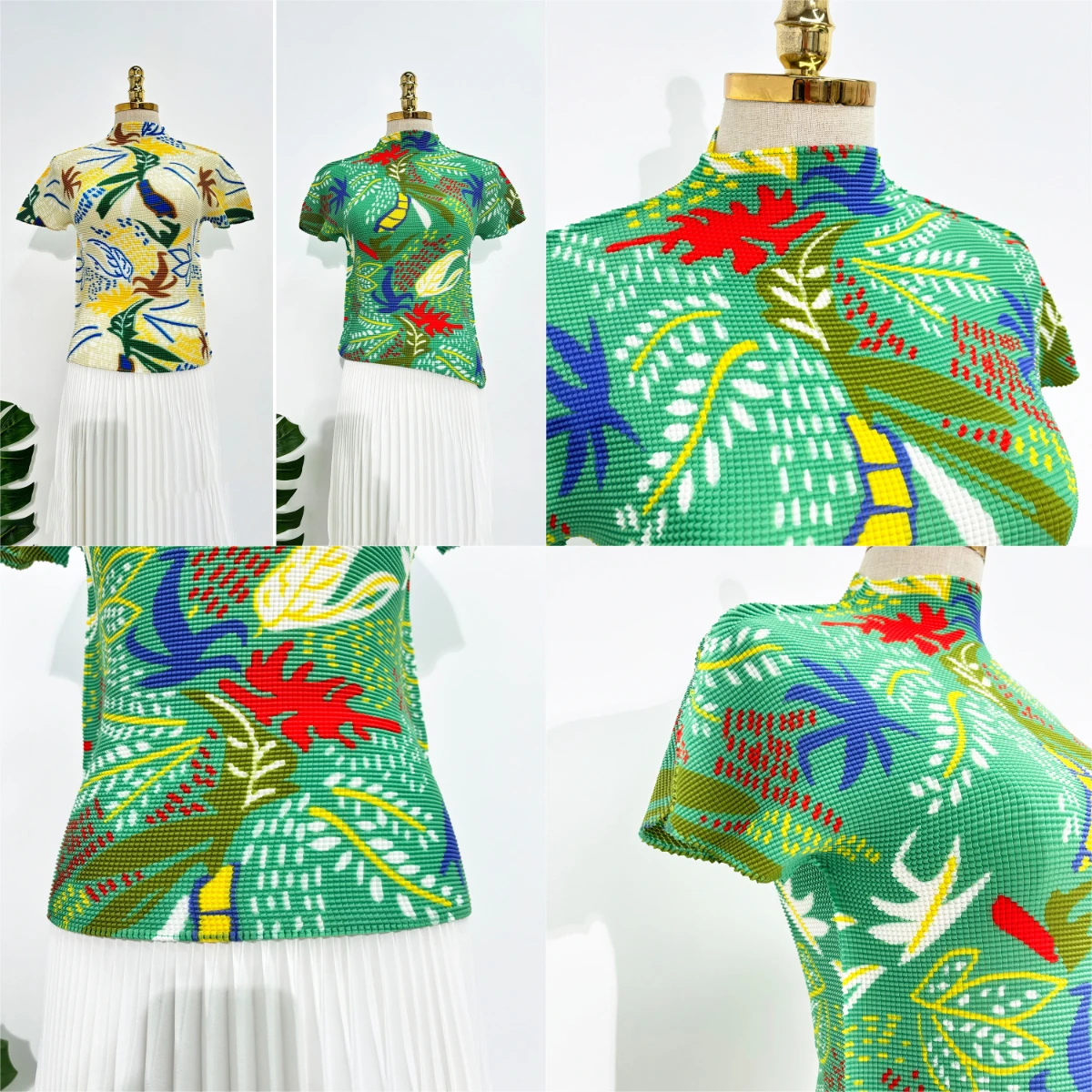 

Miyake Ruffled Top 2025 Pure Summer Retro Style Print Wearing Comfortable Fashion Temperament Half Turtleneck T-shirt Pleated