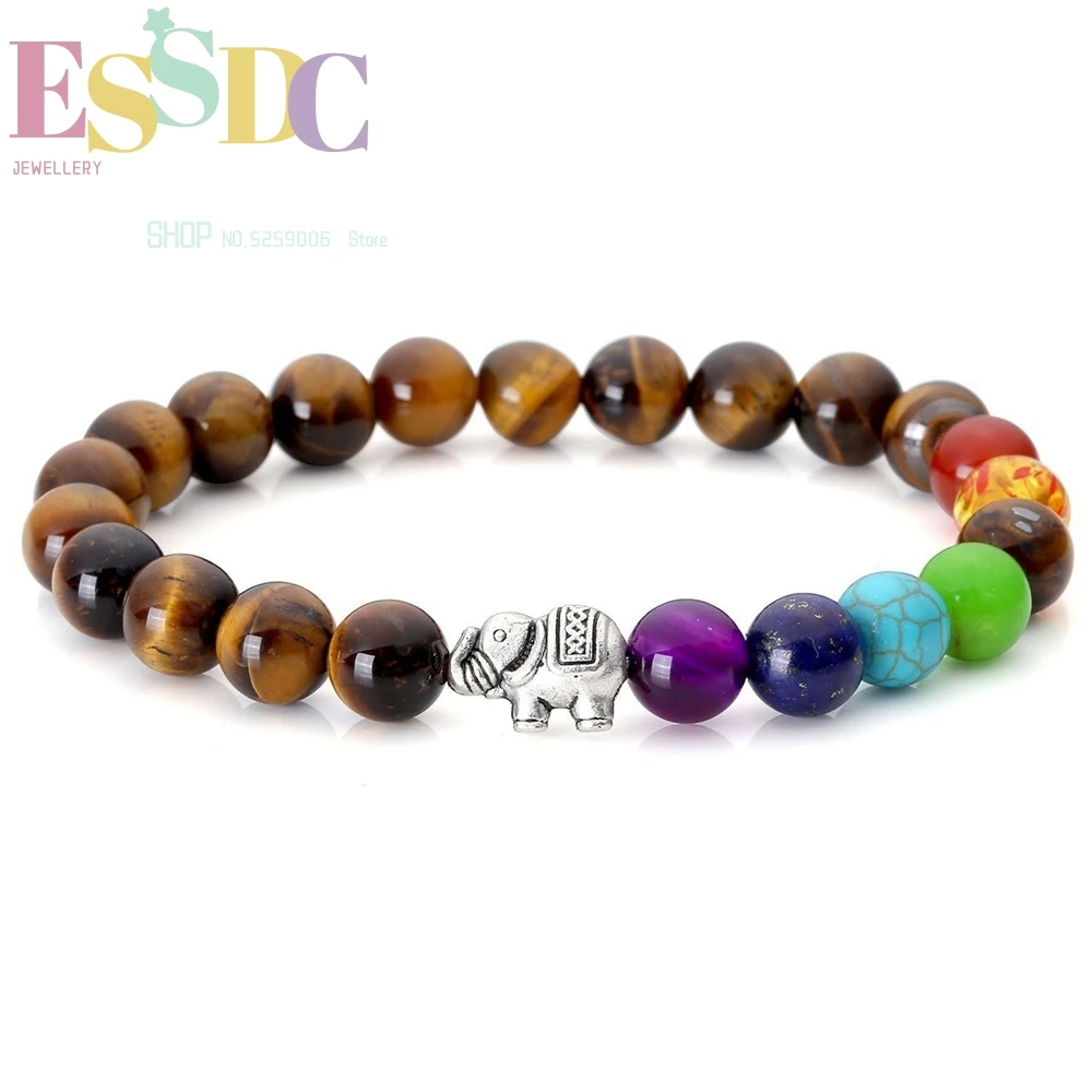 New Design Natural Tiger Eye Stone Bracelet or Bangle Seven Color Chakra Energy Yoga Purple Onyx Elephant Charm Fashion Jewelry