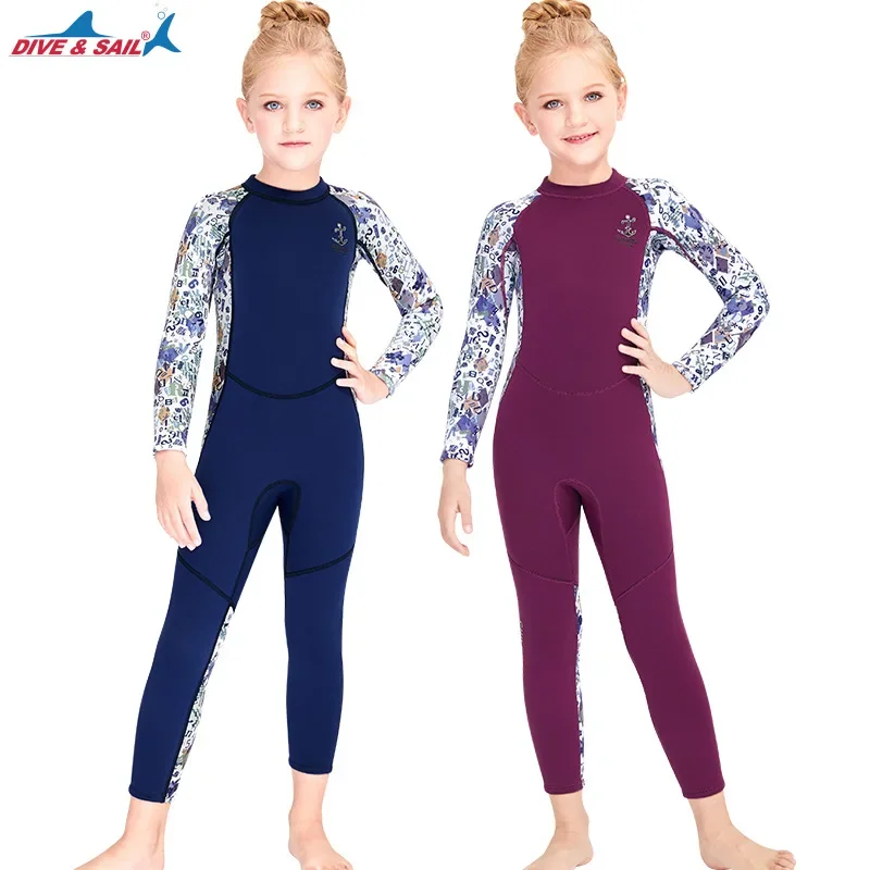 Children's 2.5mm Neoprene Wetsuit Girls Warm Swimsuit One Piece Long Sleeves Swimwear Diving Snorkeling Swimming Surfing Suit