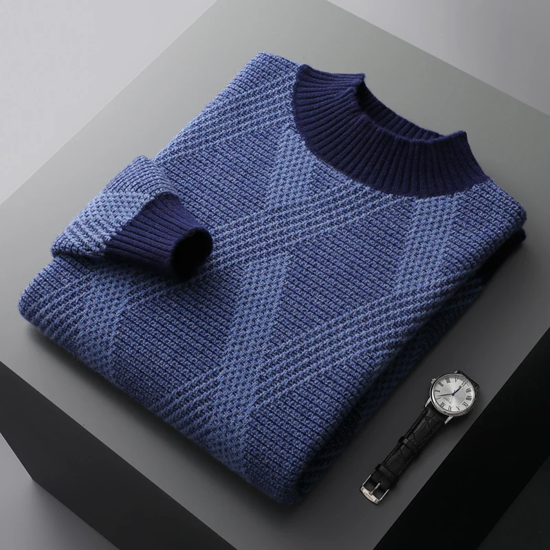 

Men's 100% Merino Wool Knitted Sweater Winter Half-Neck Jacquard Pullovers Loose Color Matching Base Shirt High-End Thicken Tops