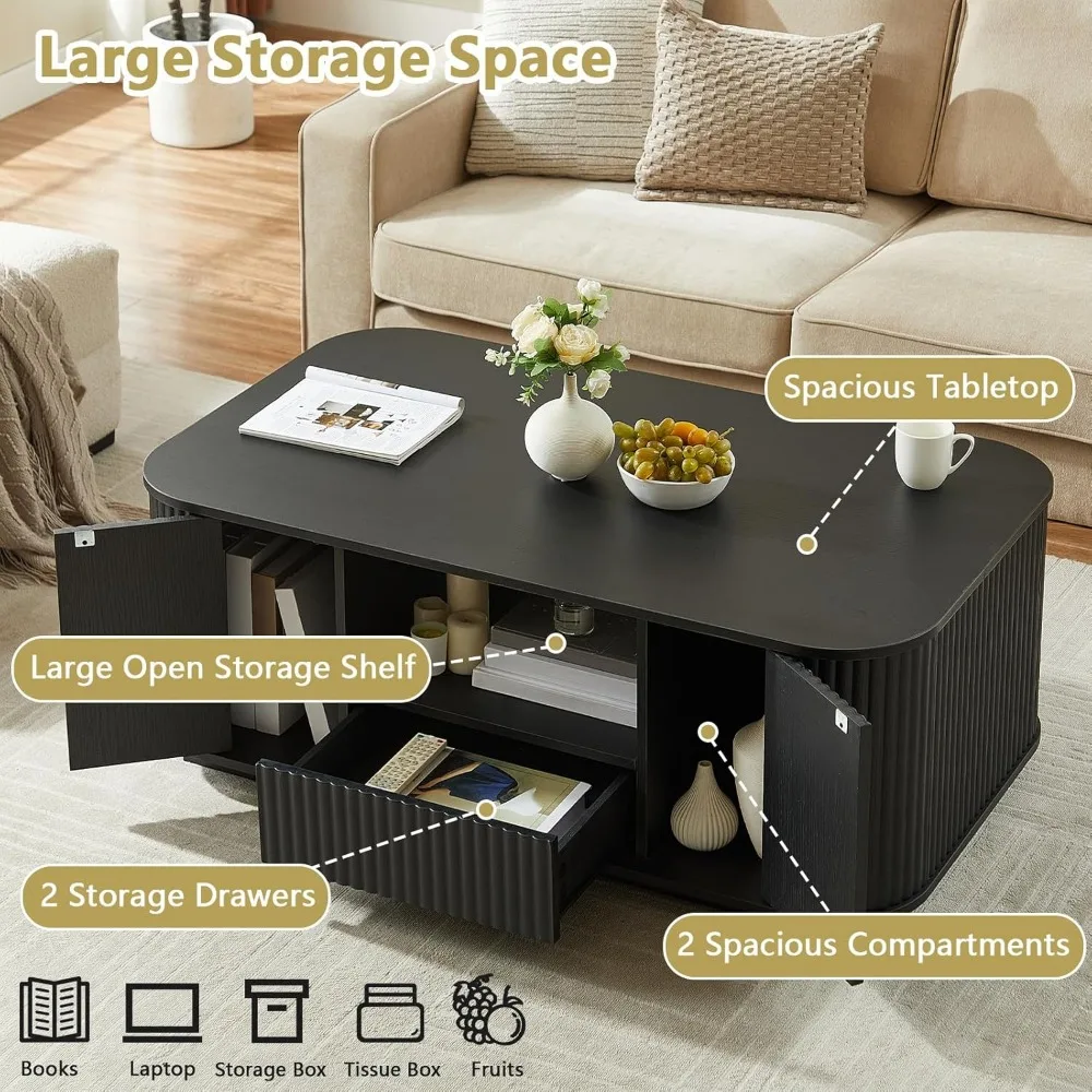 طاولة قهوة بيضاوية حديثة مع مساحة تخزين لغرفة المعيشة - تصميم مخدد، درجين، رف مفتوح ومقصصورتين #3