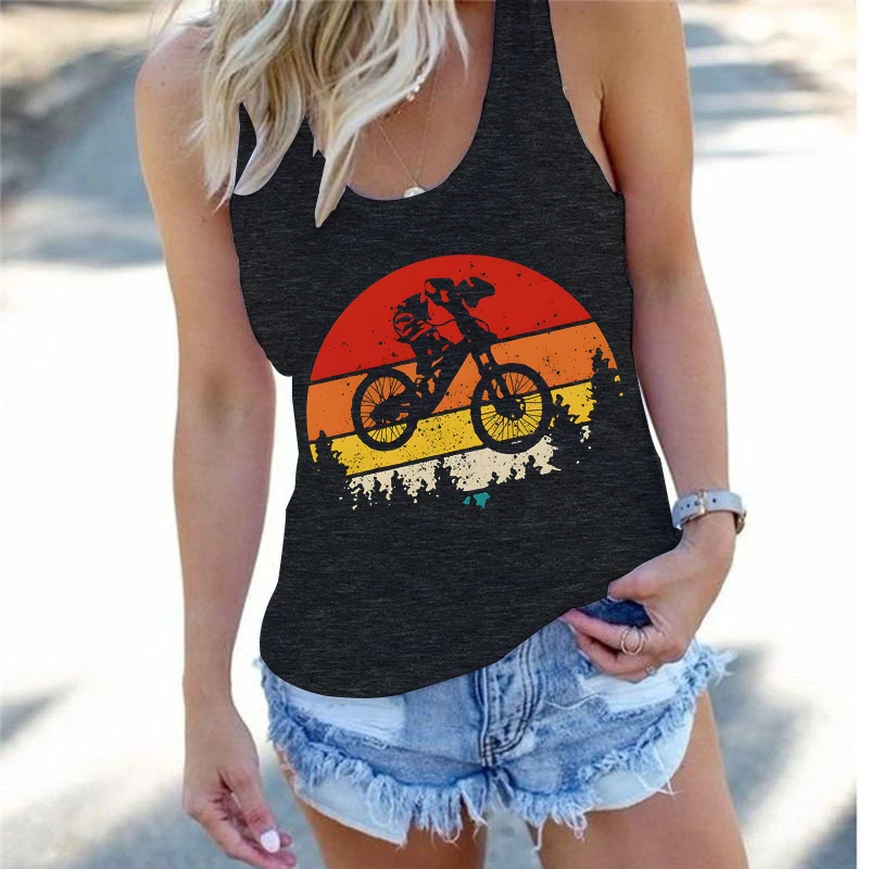Vintage Mountain Biking Outdoor Graphic Sleeveless Suspenders Fashion Women Travel Explore Trend Shirt Racerback Tank Tops