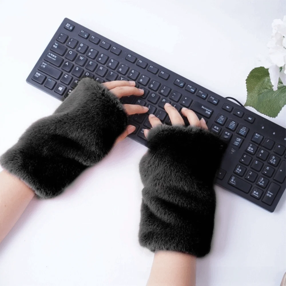 Thickened Fingerless Furry Gloves Fleece Lined Skin Friendly Faux Fur Hand Warmer Fluffy Texture Washable Half Finger Mittens