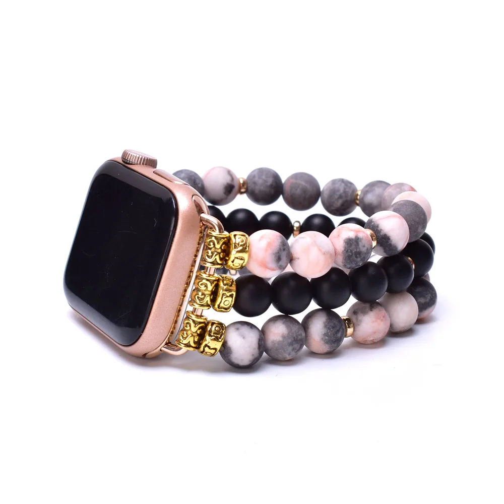 

Premium Matte Pink Black Onyx Apple Watch Band 38mm 40mm 41mm 42mm 44mm 45mm Beaded Bracelet Strap for Women Iwatch Series 1-SE