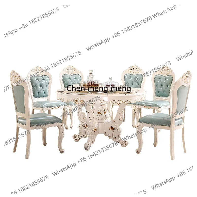 European solid wood dining table French round table all solid wood paint free turntable, dining table and chair combination