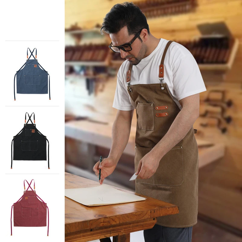 

Thickened Canvas Apron Household Unisex Adjustable Kitchen Cooking Tool With Pockets Gardening Coffee Restaurant Work Over apron