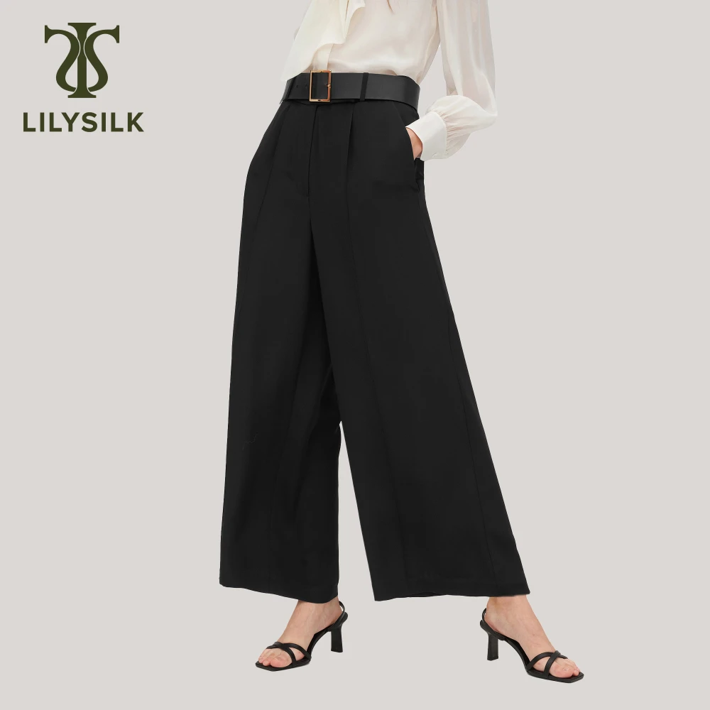 LILYSILK Womens Heavy Crepe Silk Iris Pants High Waist Pocket Deisgn Wide Leg Trousers