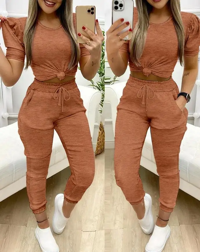 Women's Two-Piece Set Fashionable Retro Round Neck Short Sleeve Top Drawstring Shirred Pants with Pocket Casual Pants Set