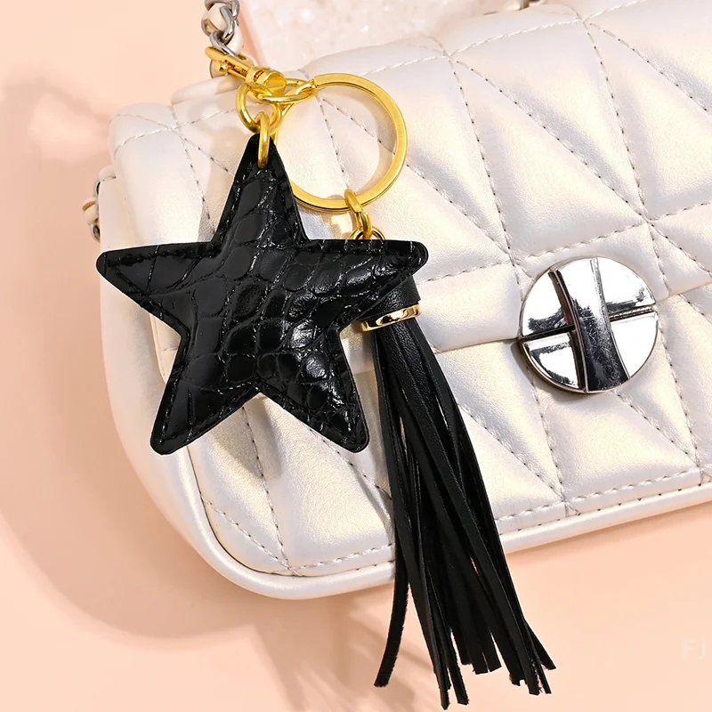 

[YU]PU Leather Tassel Key Chain For Women Girl Star Pendant Lobster Clasp Key Rings Bag Accessories