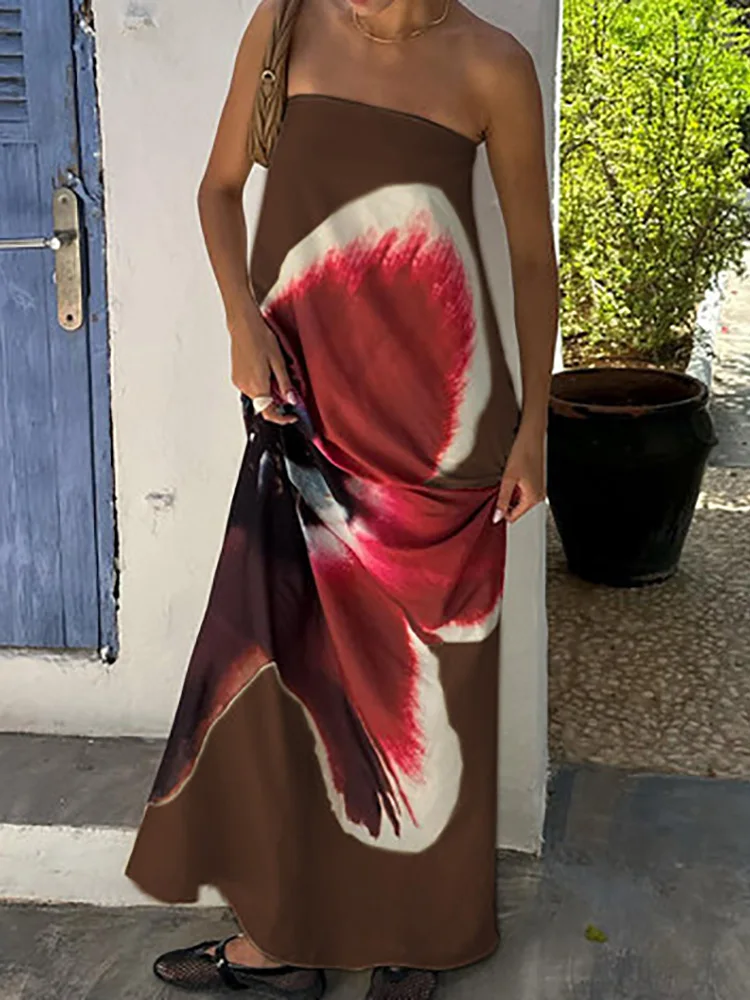 

Backless Belt Simple Chic Party Dress, Women Summer Elegant Sleeveless Fashion Maxi Dress, 2025 Strapless Printing Ladies Dress