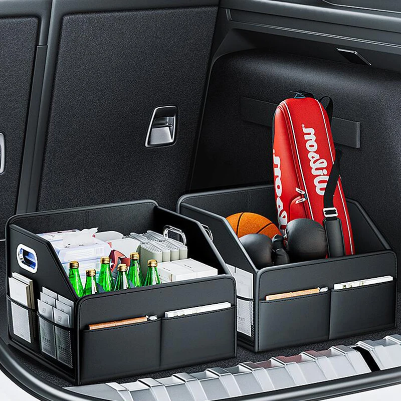 Car Trunk Organizer Storage Box PU Leather Vehicle Folding Collapsible Cargo Boot Organiser Box For SUV MPV Auto Seat Back Box