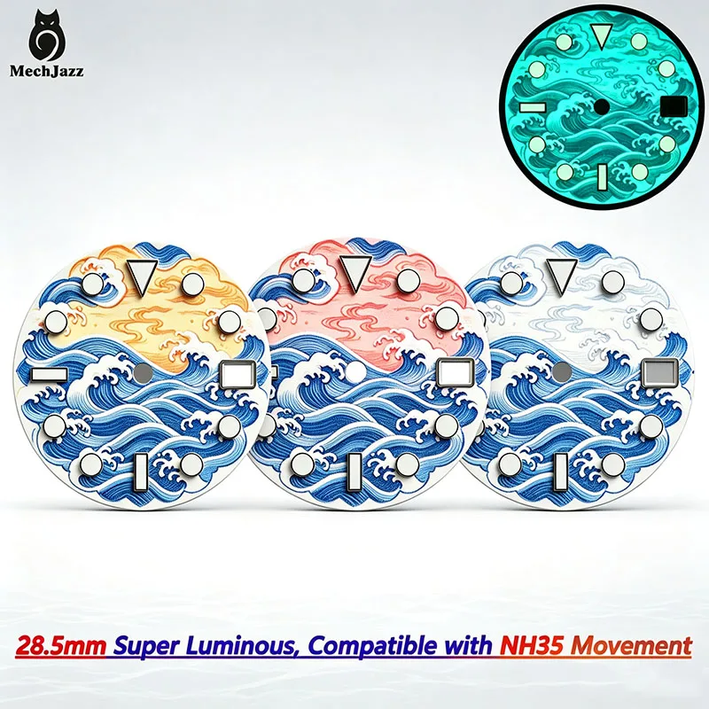 MechJazz 28.5mm Japanese Ocean Wave Art Pattern Watch Dial Super Luminous Dial For NH35 NH36 Automatic Watch Mod Parts