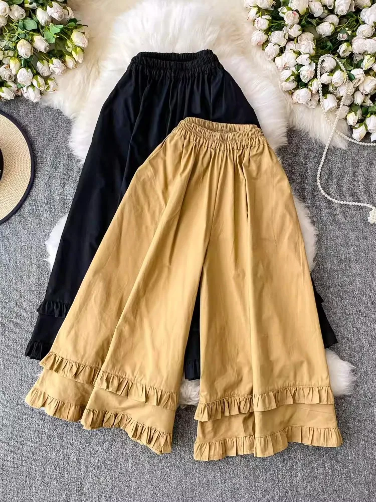 일본 빈티지 플레어 팬츠 모리걸 러플 코튼 와이드 레그 팬츠 여성 여름 신상 밴딩 허리 캐주얼 루즈 큐롯 팬츠