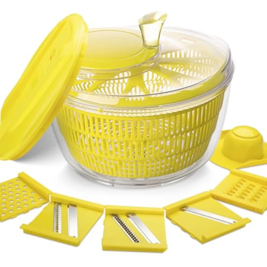 

Спиннер для салата и мандолина 2 в 1 для эффективной подготовки овощей и фруктов: 5 сменных лезвий, 5 л, большая емкость