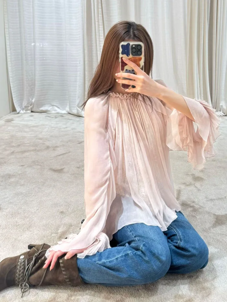 Lace ruffled loose top, stylish and high-end, versatile pink tops for women in 2026 summer collection view 3