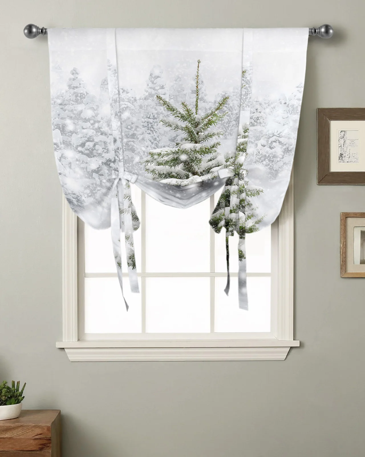 Christmas Snow Christmas Tree Window Curtain for Living Room Roman Curtains for Kitchen Cafe Tie Up Short Drapes