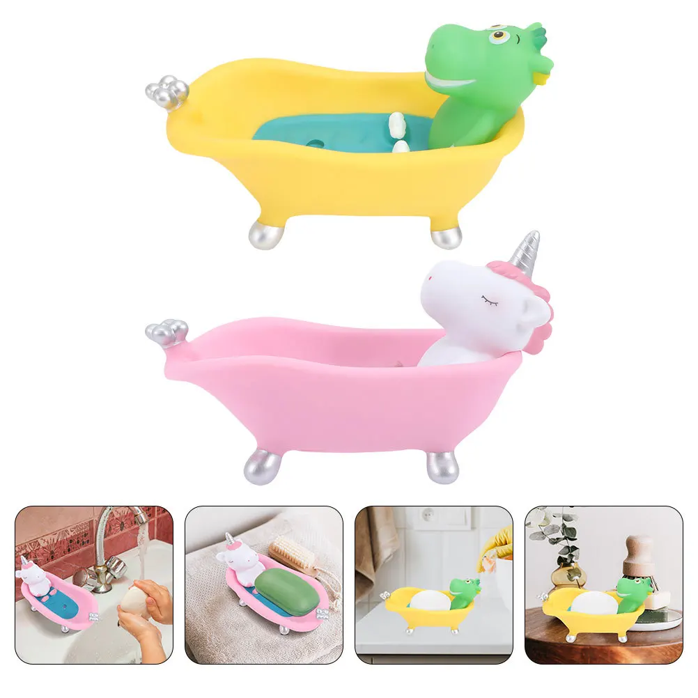 

2Pcs Bathtub Shaped Soap Box for Bathroom Cute Cartoon Animal Soap Holder with Drainage Function Small Vinyl Tray for Shower Or