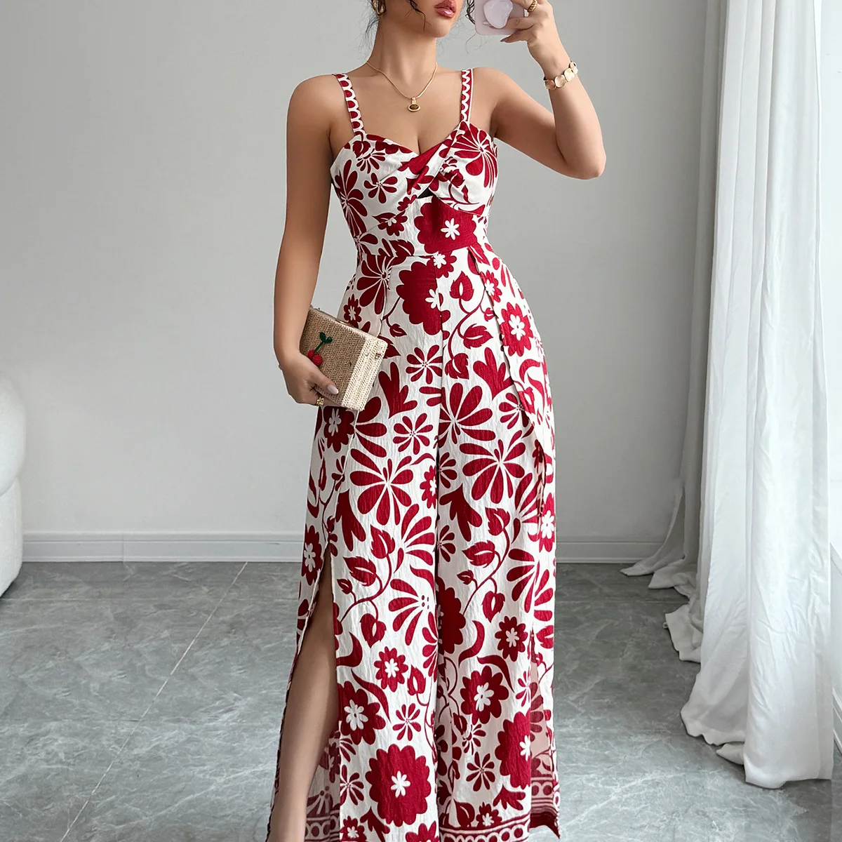 Damski kombinezon biurowy z wysokim stanem, bez rękawów, w kwiatowy wzór, w stylu bohemy, szerokie nogawki, seksowny, lekko elastyczny.