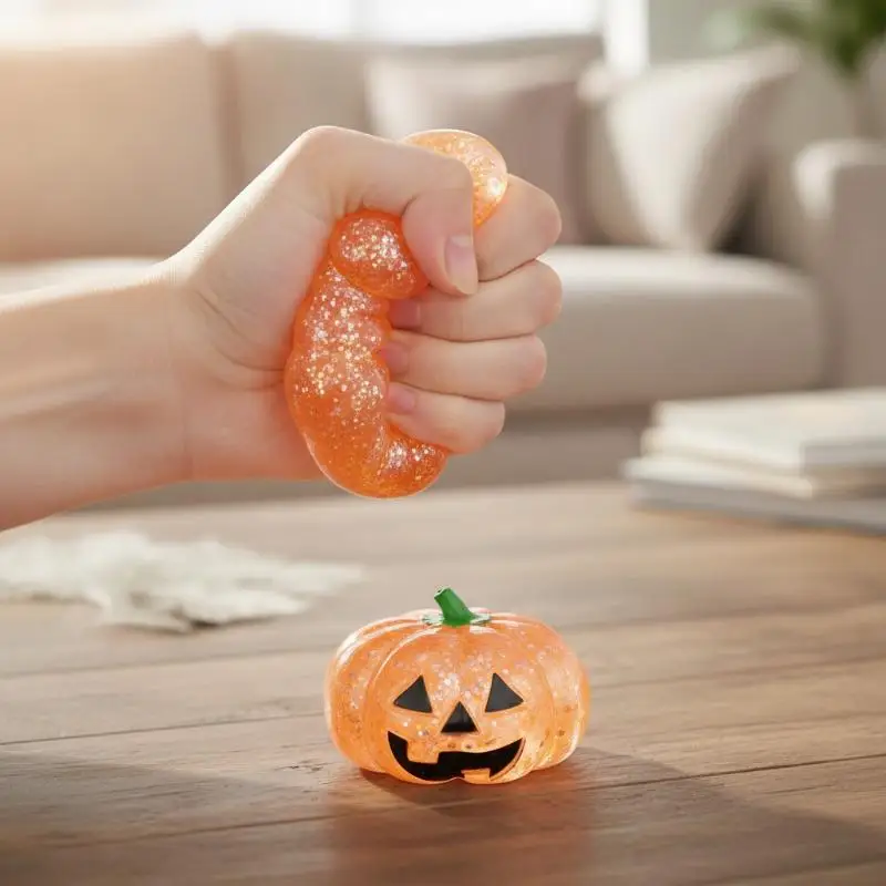 Glitter Halloween Pumpkin Squeeze Toy Sequins Filled Stress Relief Fidget Sensory Toy for Classroom Prizes Party Favors
