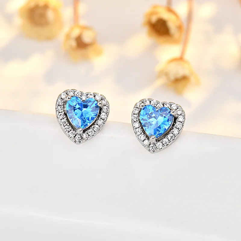 12 Months Birthstone Love Heart Stud Earrings For Women Fashion Silver Color Multicolor Crystal Wedding Jewelry Birthday Gifts