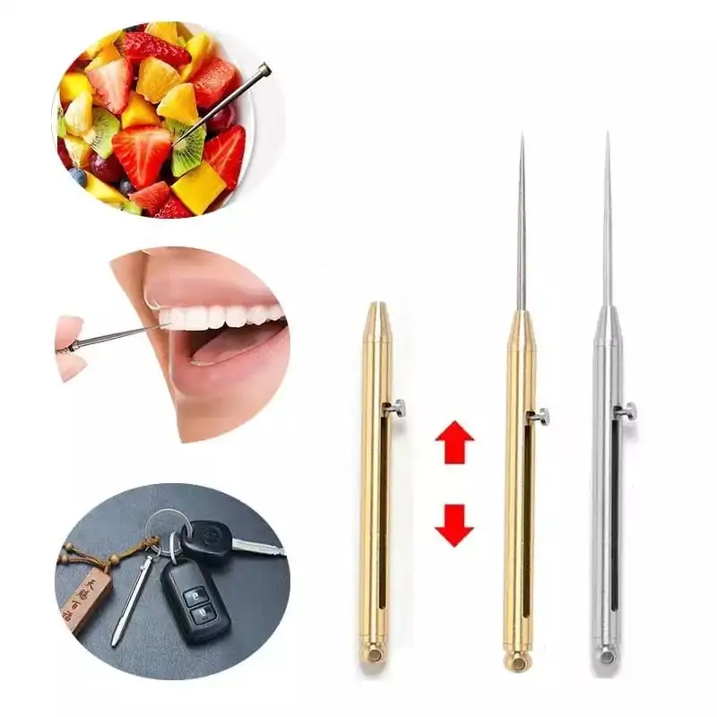 

Camping Titanium Alloy Push-pull Spring Design Toothpick With Toothpick Holder Keychain Ultra Light Multi-function Fruit Fork