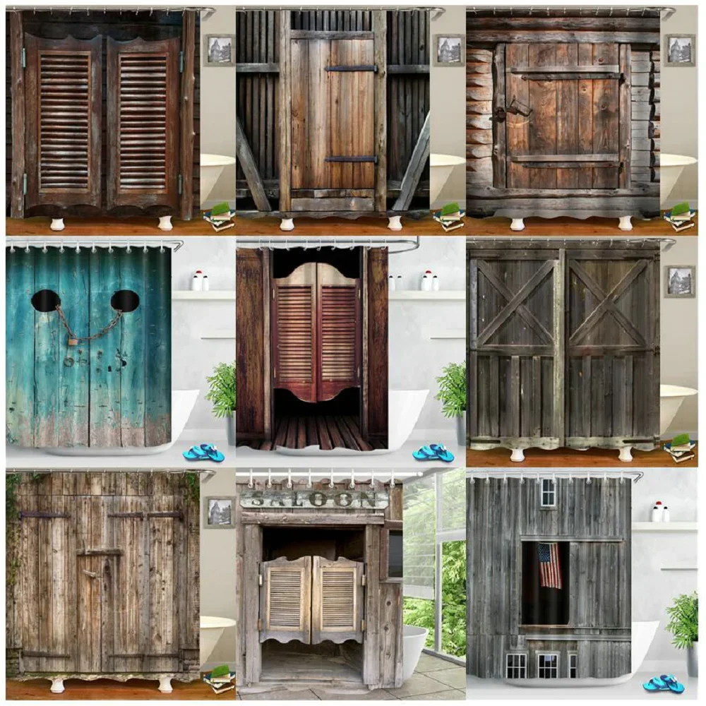 Farmhouse Decorative Wooden Door Shower Curtain Retro Rustic Barn Wood Door Europe Western Country Home Decor Bath Curtain Hooks