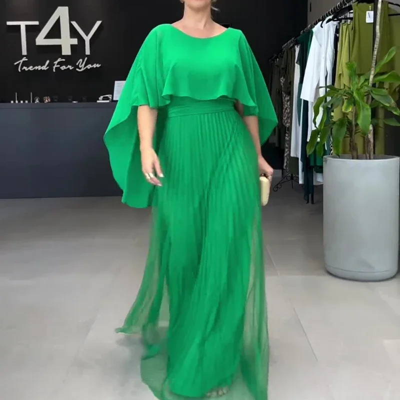 Women Elegant Crew Neck Irregular Shawl & Vest Pleated Dresses Autumn Solid Color Cloak 2 Piece Set Loose Evening Gown Vacation