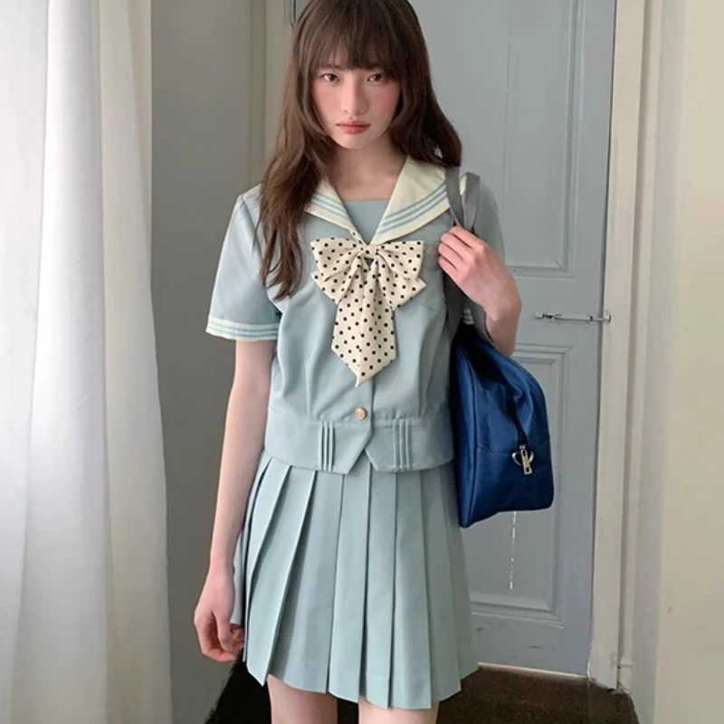 Sweet Jk Uniform Mint Green Navy Collar Short Sleeve Shirt Girl Summer Solid Color Versatile Age-reducing Short Pleated Skirt