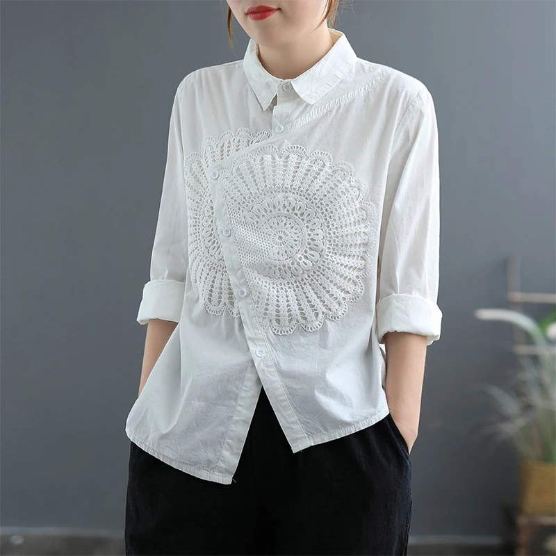 2022 Spring New Arts Style Women Long Sleeve Loose Shirt Dissymmetry Single-breasted Vintage Embroidery Cotton Linen Shirts V864